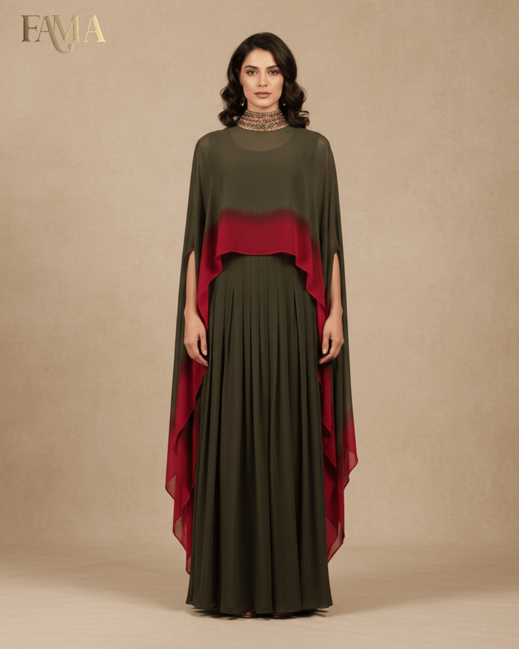 Olive Flame Ombre Pleated Gown (E16)