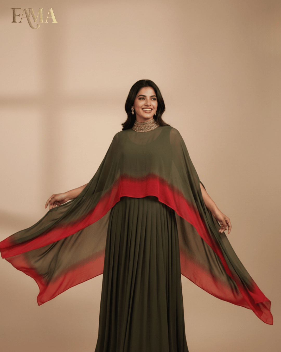Olive Flame Ombre Pleated Gown (E16)