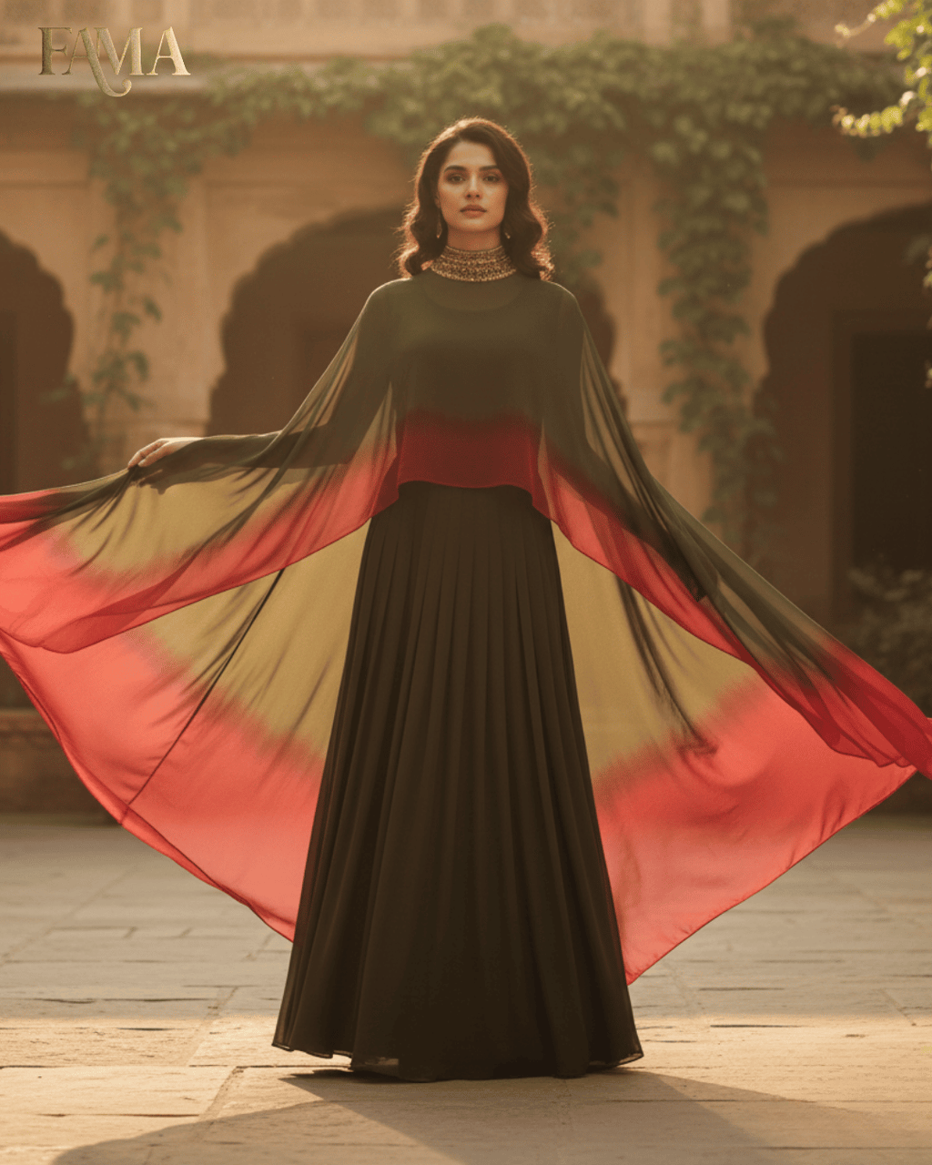 Olive Flame Ombre Pleated Gown (E16)