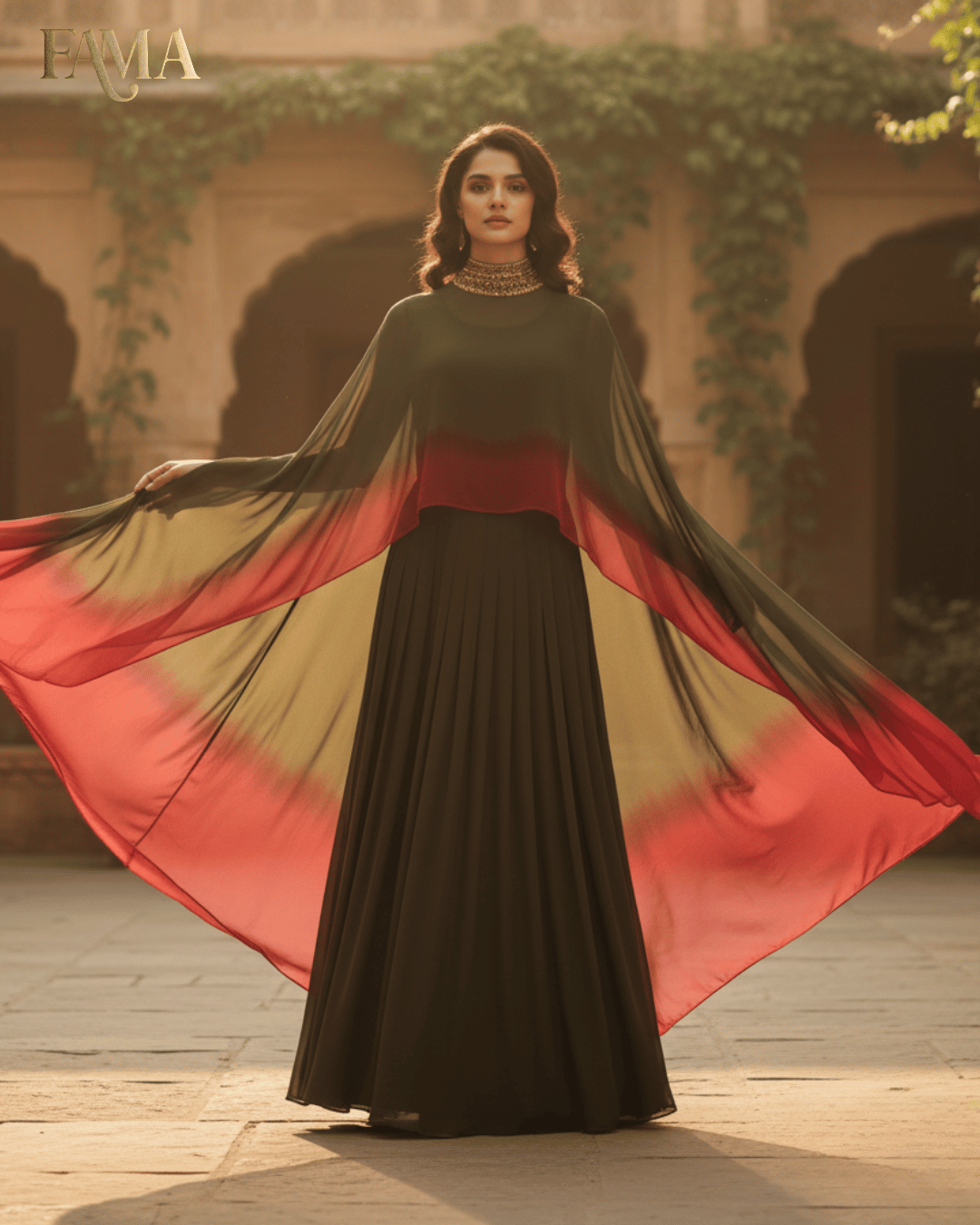 Olive Flame Ombre Pleated Gown (E16)