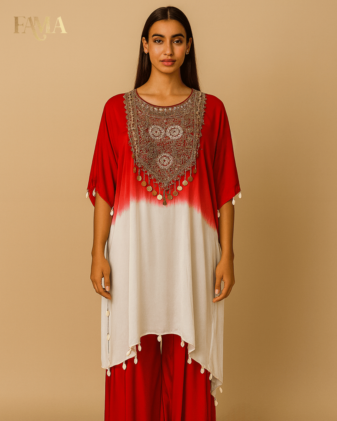 Crimson Dusk Hand-Embroidered Ombré Co-ord Set E11-RED