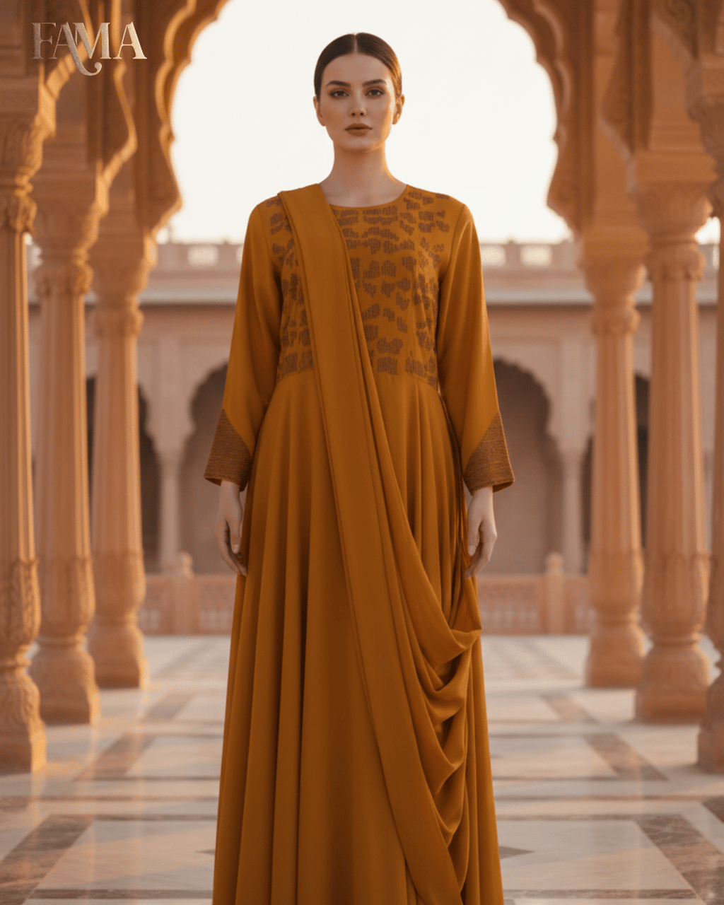 E2 Mustard Royale Draped Anarkali Gown E2-10/B/10