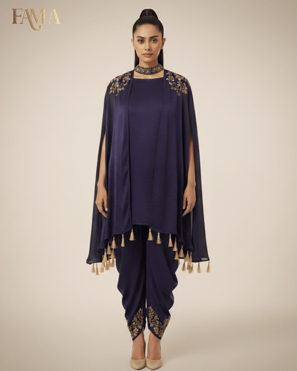 Midnight Majesty Embroidered Cape Co-ord Set E7-NAVY