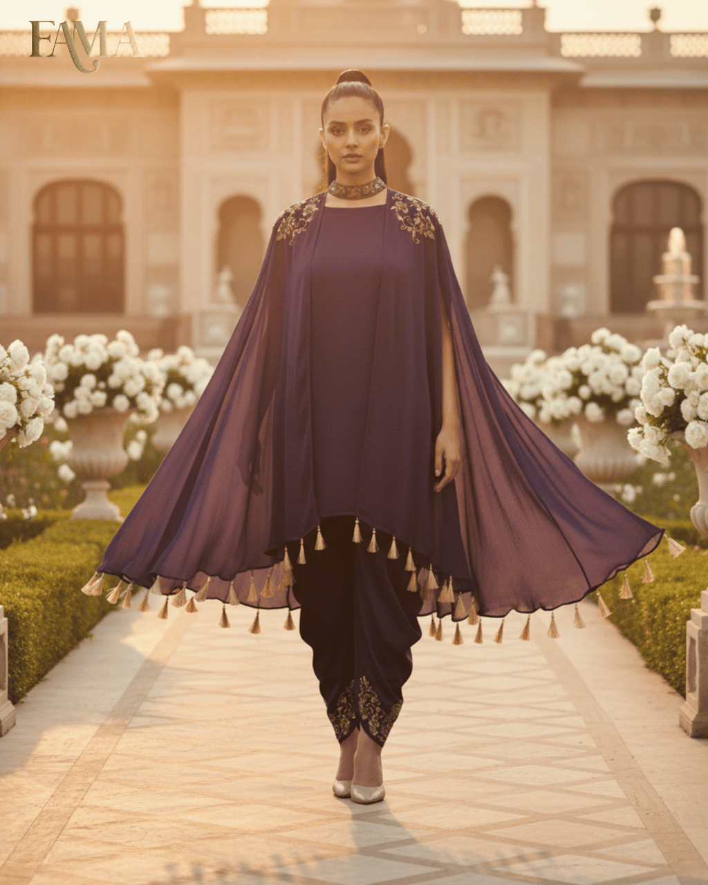 Midnight Majesty Embroidered Cape Co-ord Set E7-NAVY