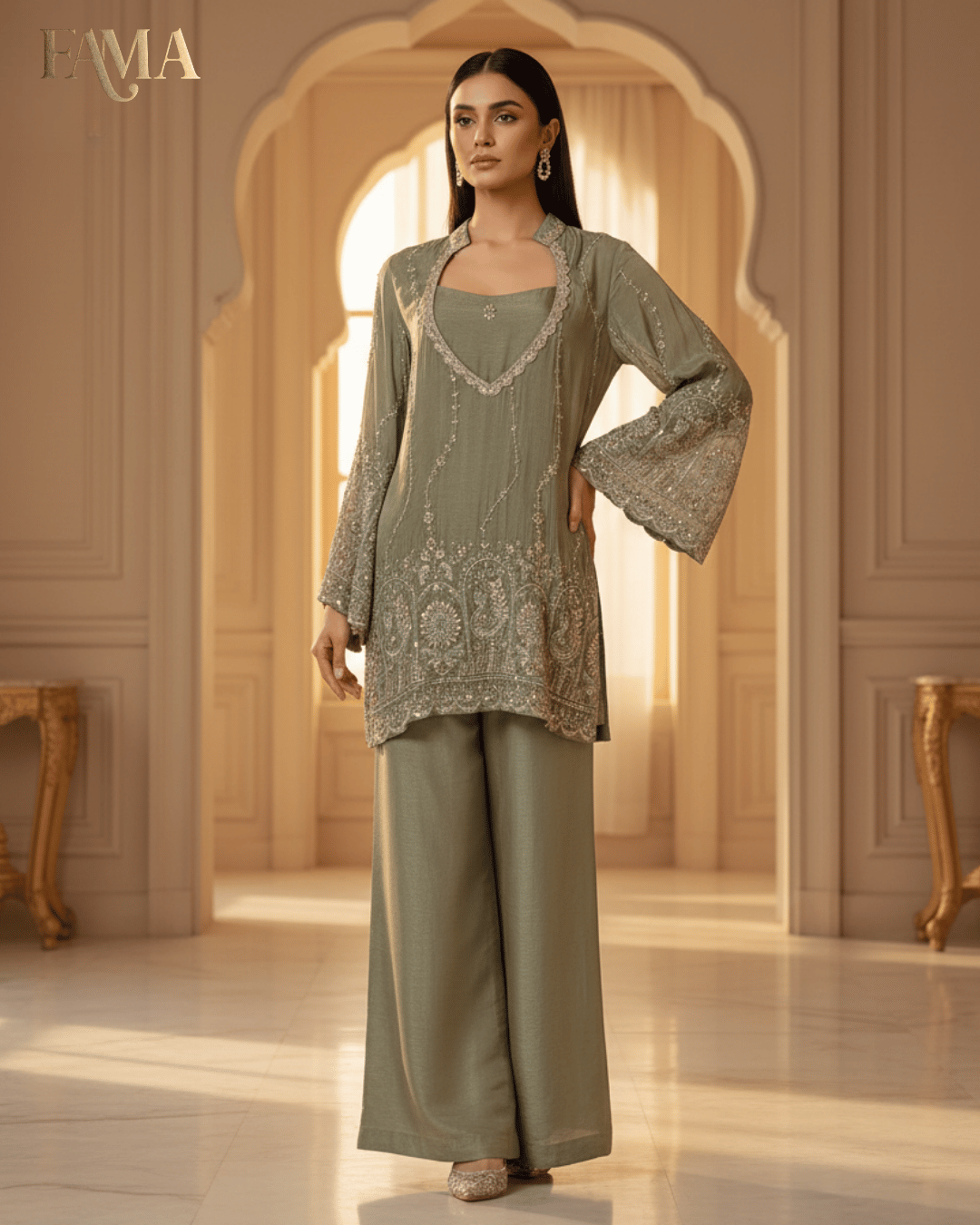 Olive Dusk Hand-Embroidered Co-ord Set E 3