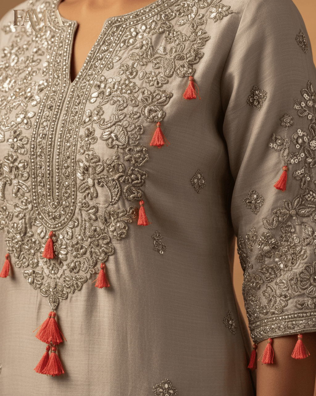 E2 Pearl Mist Tassel Embroidered Kurta Set E2-21/B/7