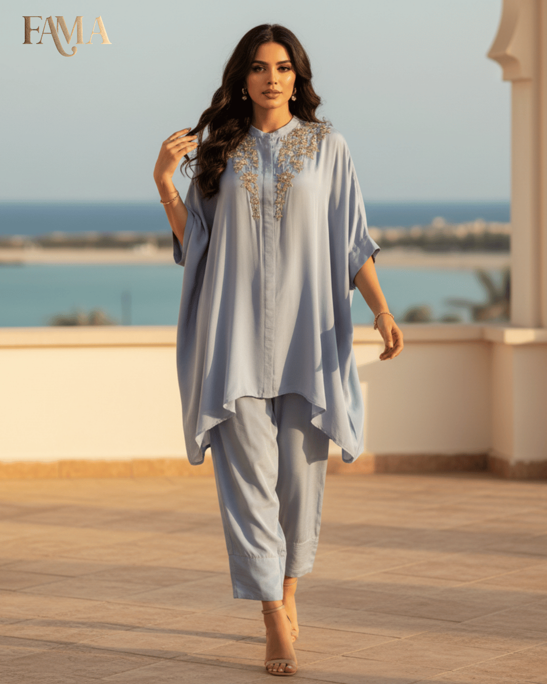 Azure Breeze Embroidered Kaftan Set S 7 G
