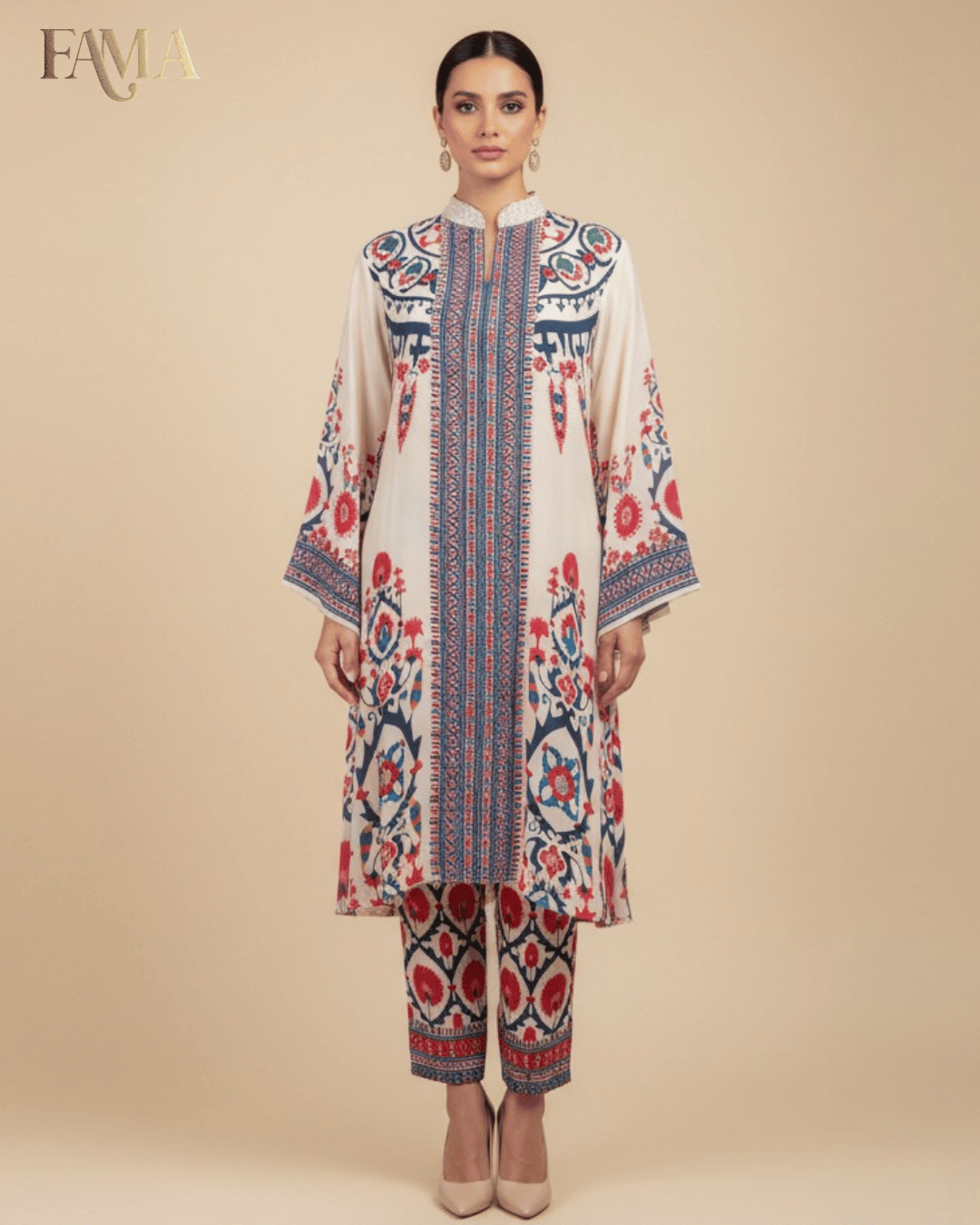 Heritage Silk Printed Ensemble – Ivory & Multicolor I 11