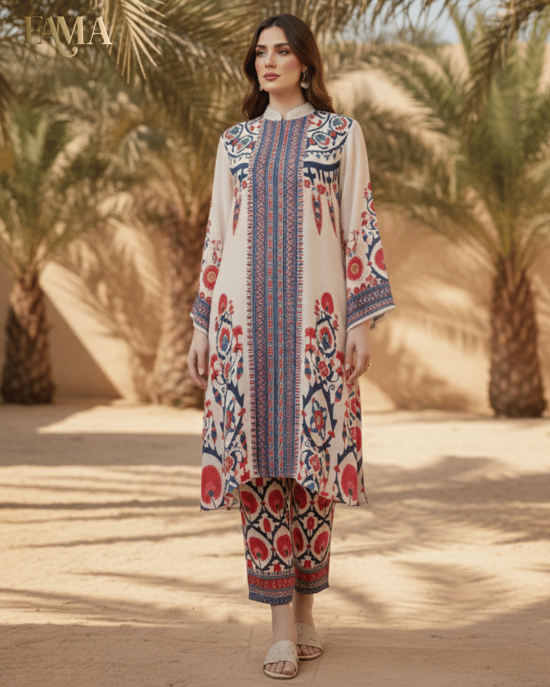 Heritage Silk Printed Ensemble – Ivory & Multicolor I 11