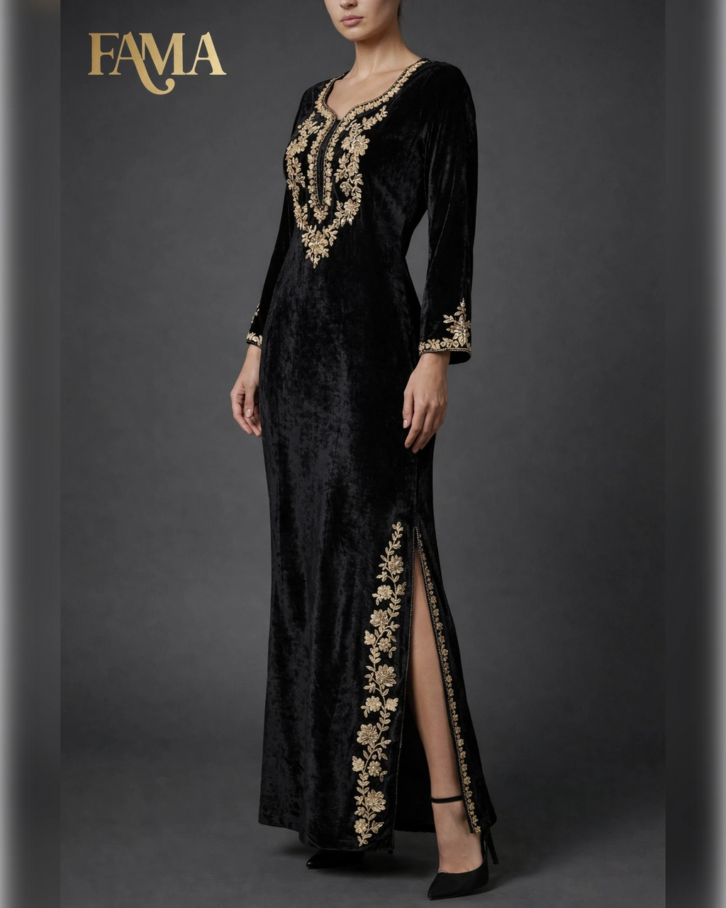 Noir Velvet Embroidered Kaftan Dress AA2 2