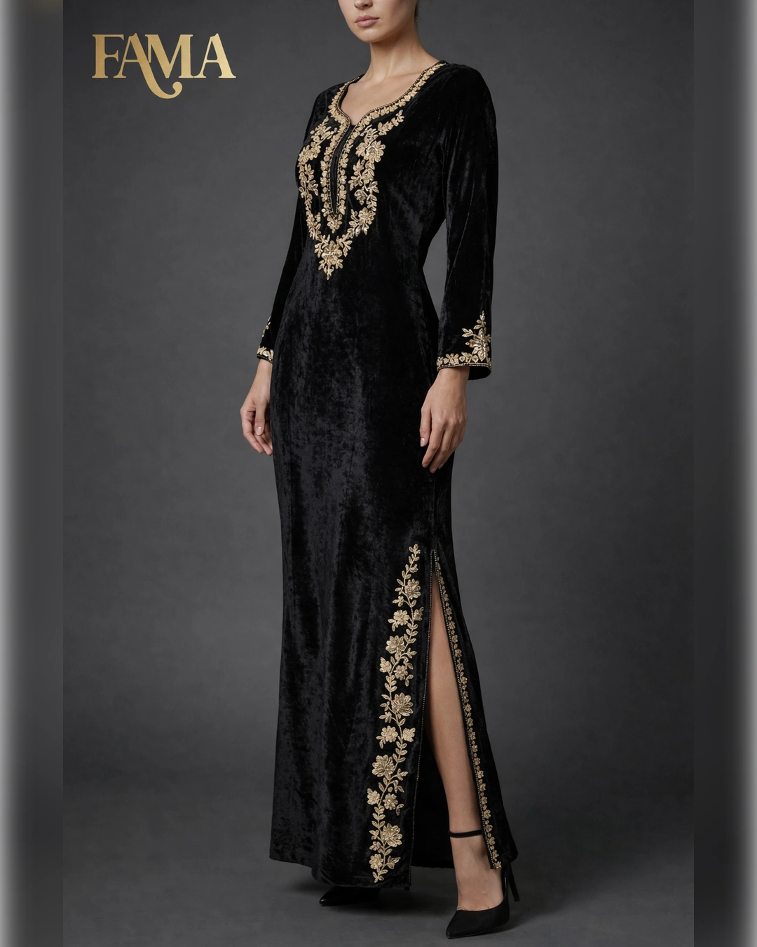 Noir Velvet Embroidered Kaftan Dress AA2 2