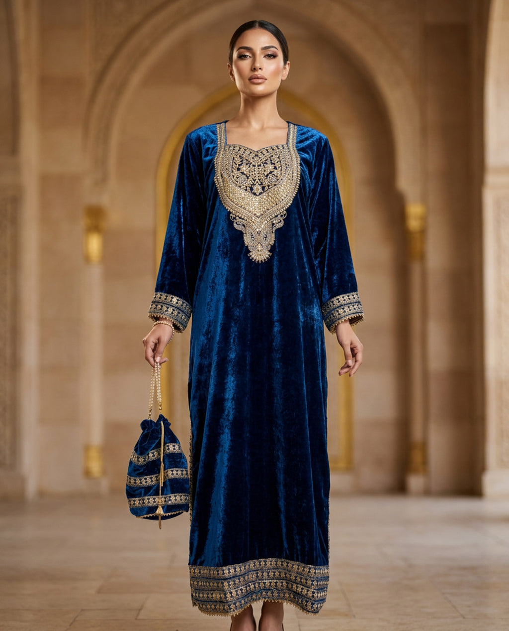 AC-4_BLUE_ES Midnight Royal Velvet Kaftan with Signature Gold Embroidery