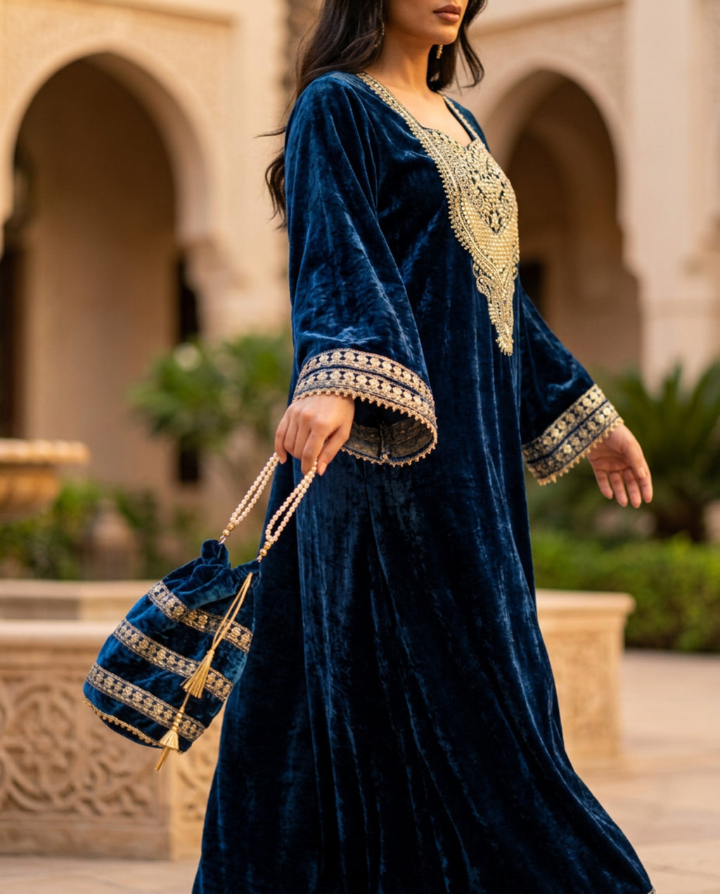 AC-4_BLUE_ES Midnight Royal Velvet Kaftan with Signature Gold Embroidery