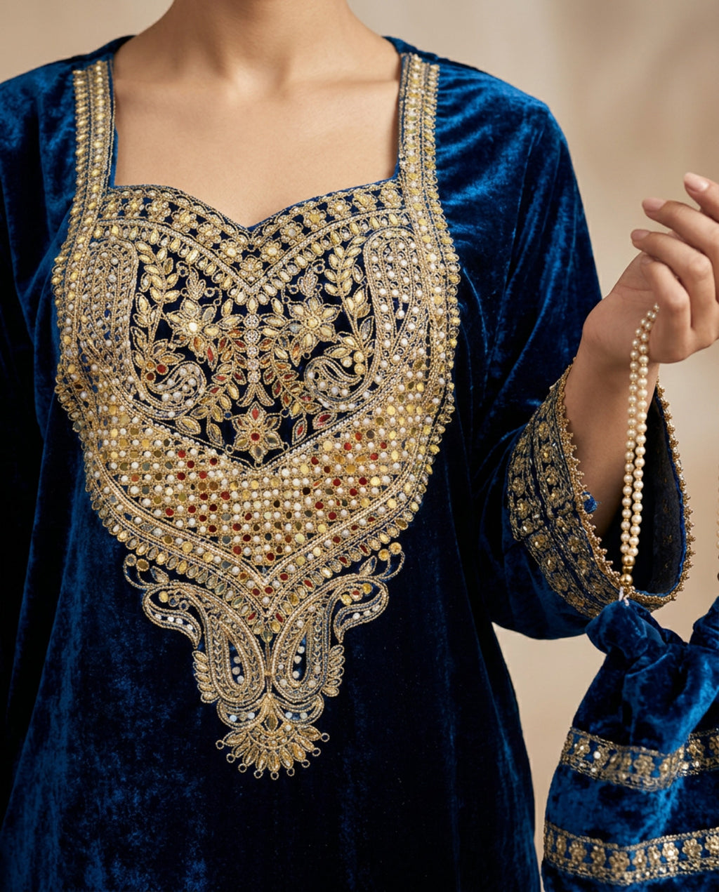 AC-4_BLUE_ES Midnight Royal Velvet Kaftan with Signature Gold Embroidery