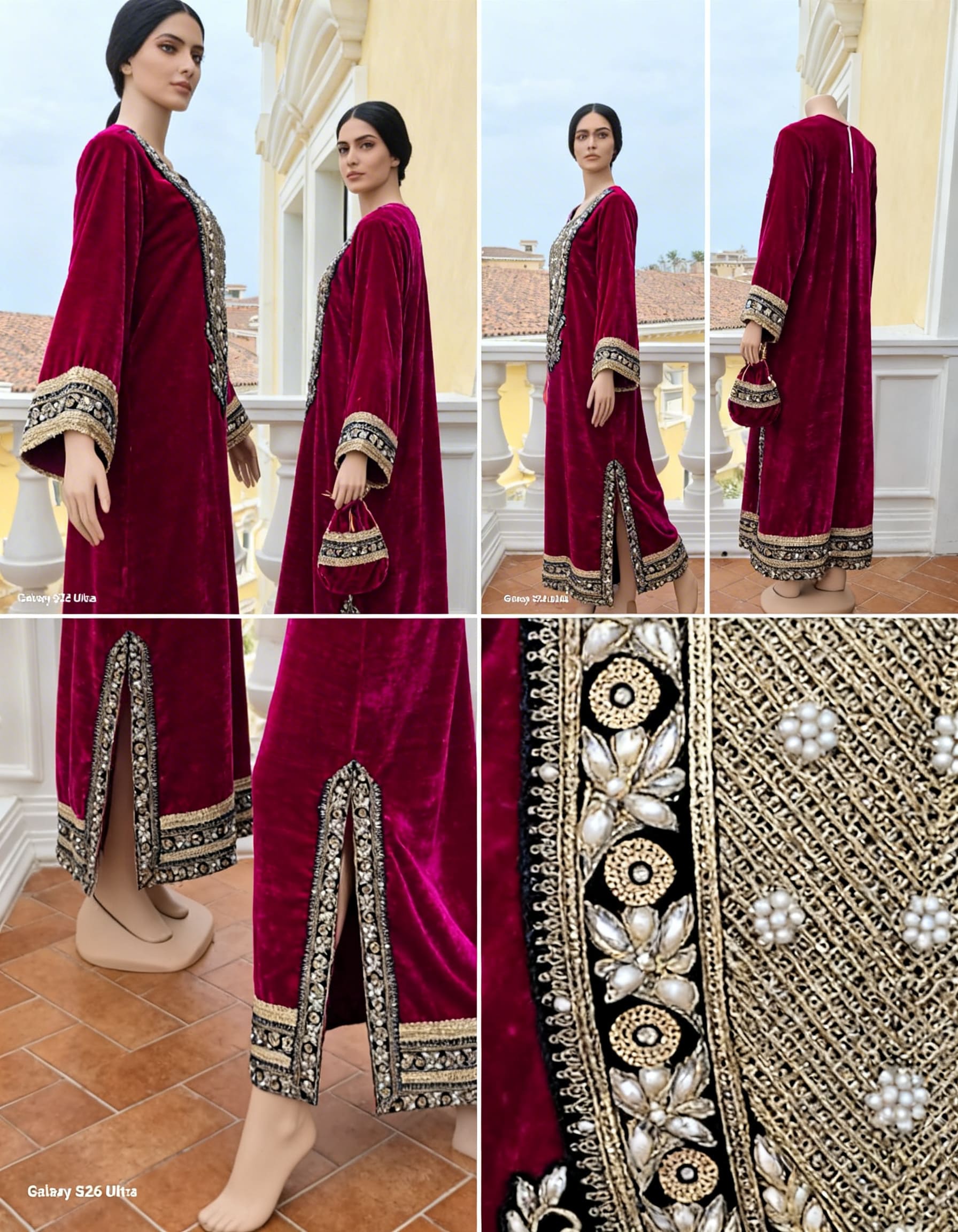 AC-4_M PINK_ES Crimson Velvet Kaftan with Royal Embroidery
