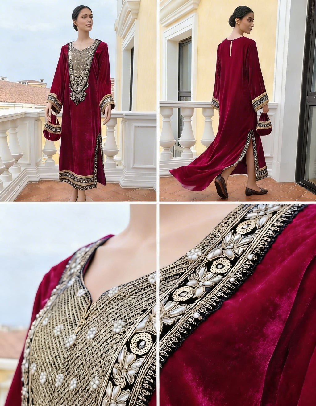 AC-4_M PINK_ES Crimson Velvet Kaftan with Royal Embroidery