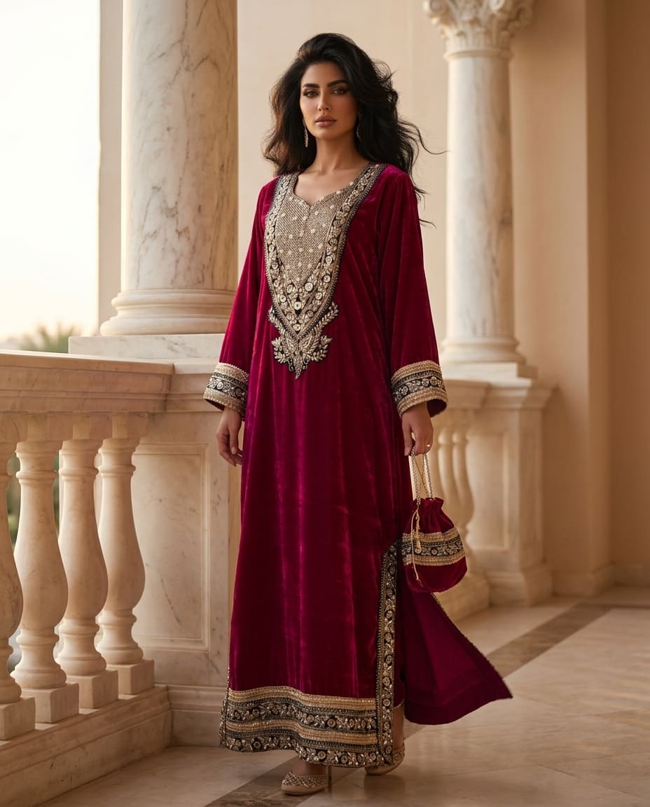 AC-4_M PINK_ES Crimson Velvet Kaftan with Royal Embroidery