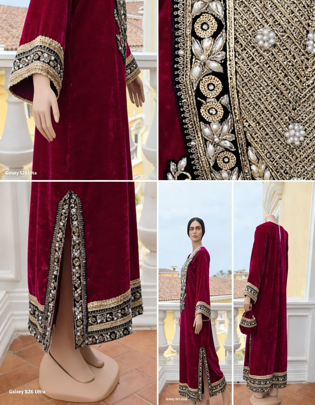 AC-4_M PINK_ES Crimson Velvet Kaftan with Royal Embroidery
