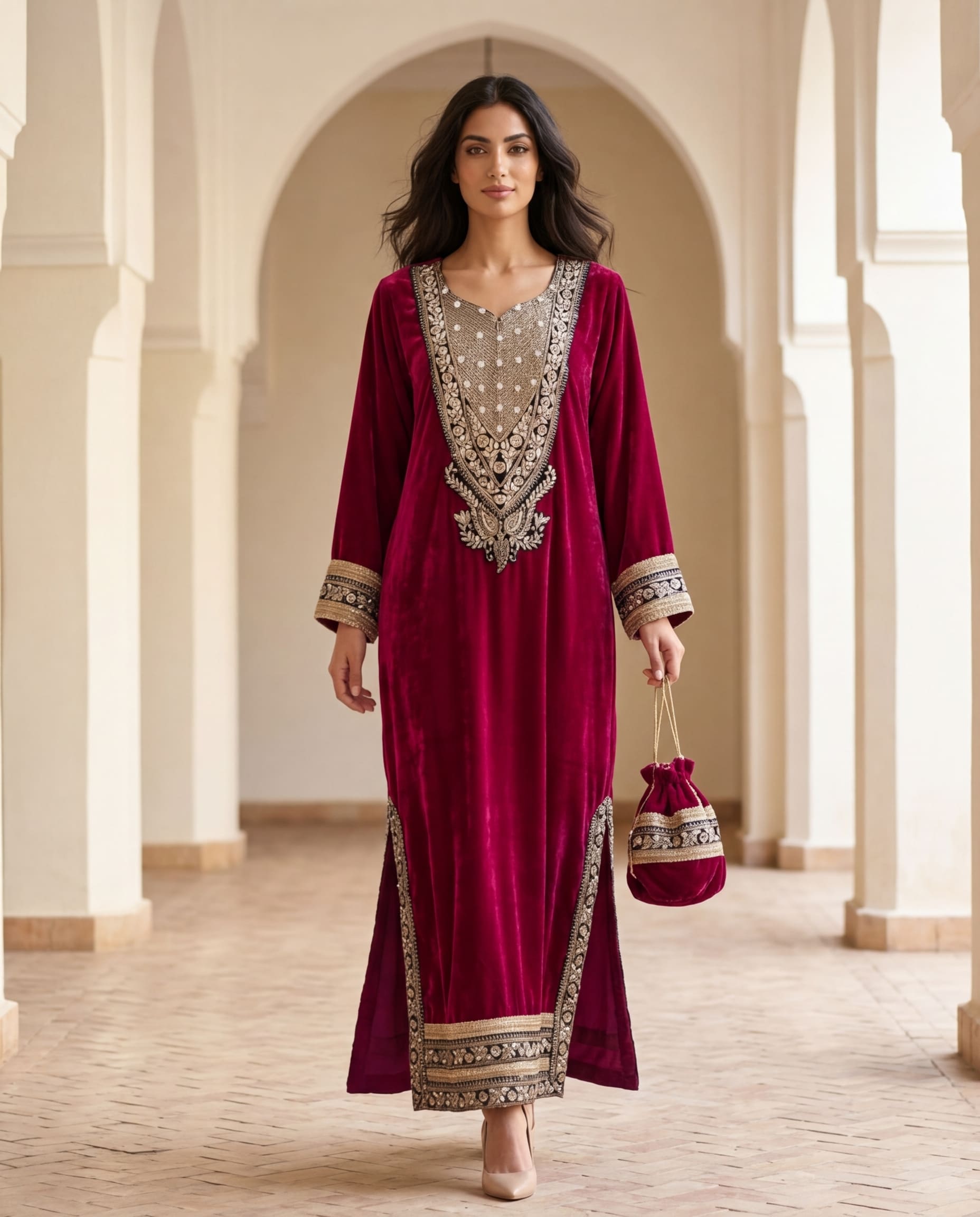 AC-4_M PINK_ES Crimson Velvet Kaftan with Royal Embroidery
