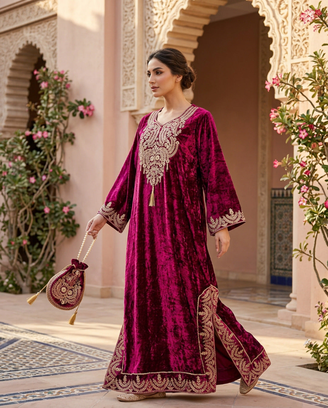 AC-4_SEQUINS_ES Crimson Regal Velvet Kaftan with Gold Embroidery