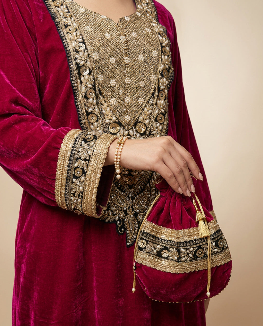 AC-4_SEQUINS_ES Crimson Regal Velvet Kaftan with Gold Embroidery