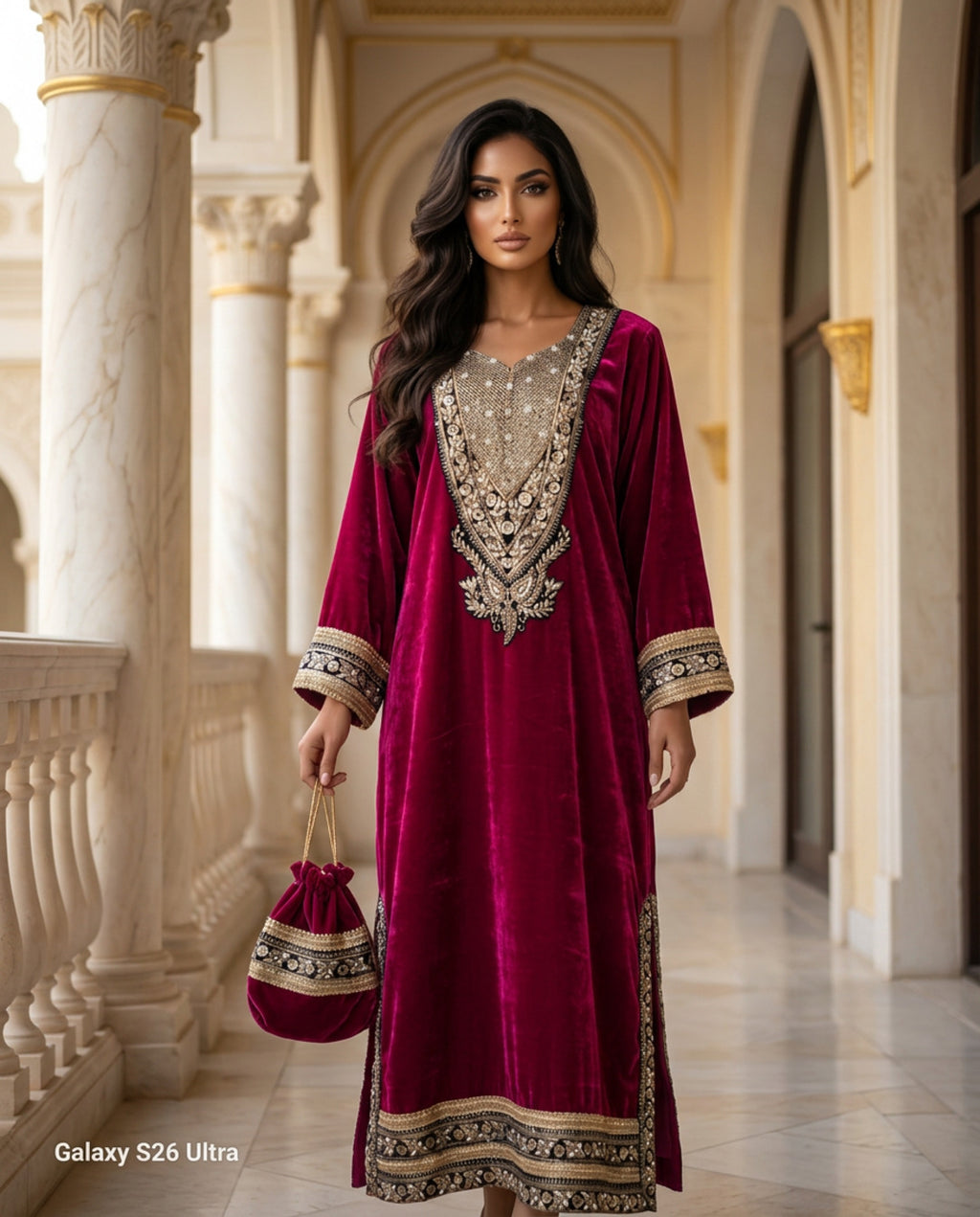 AC-4_SEQUINS_ES Crimson Regal Velvet Kaftan with Gold Embroidery