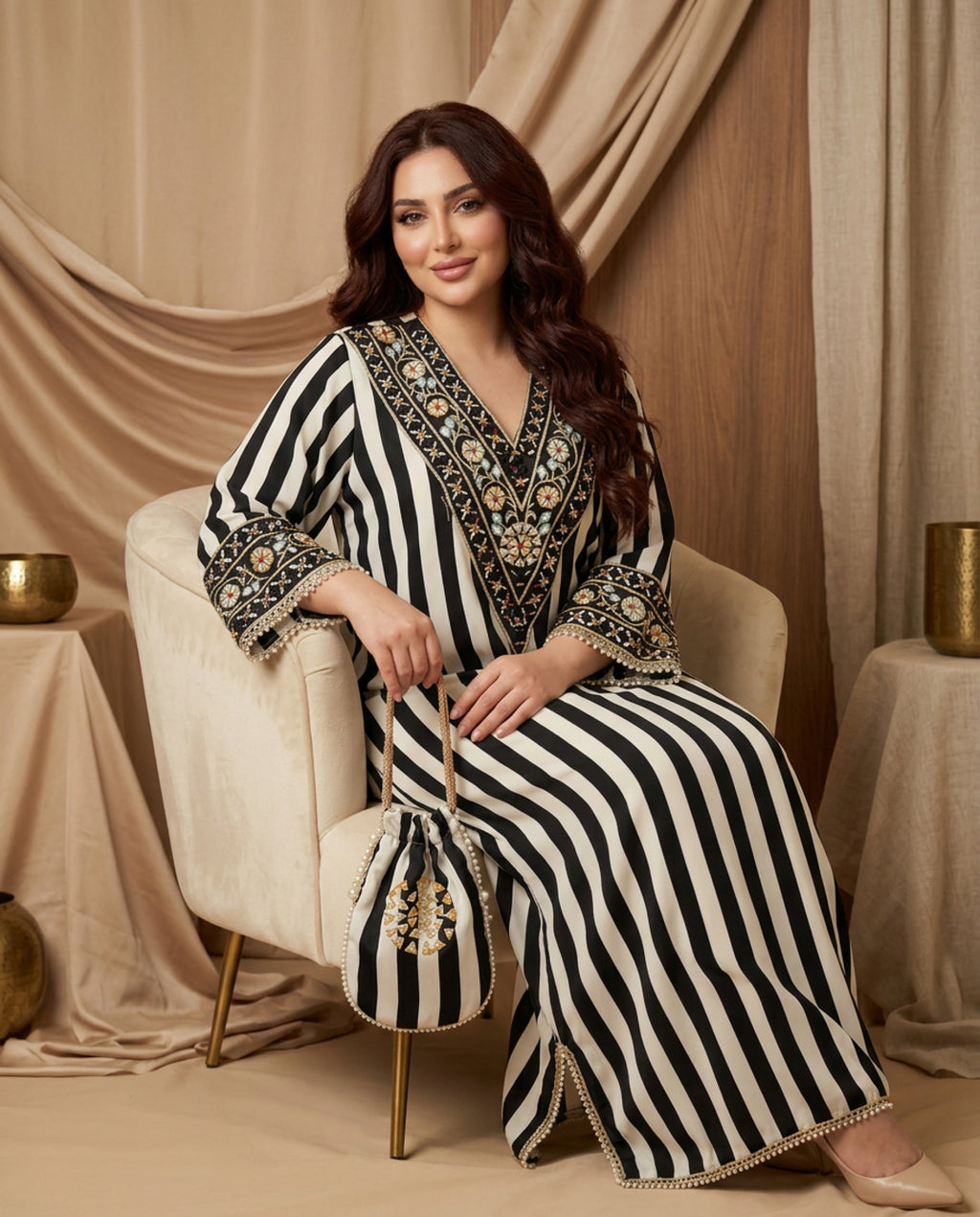 AC-4_STRPE_ES Ivory Noir Striped Kaftan with Embellished Neckline