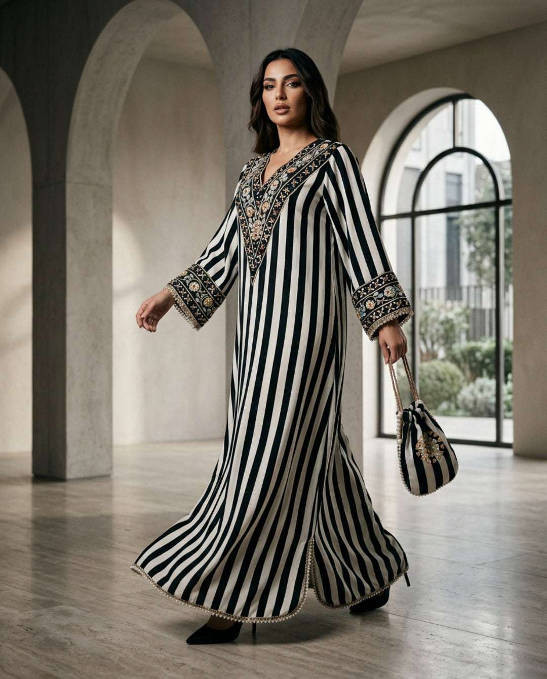 AC-4_STRPE_ES Ivory Noir Striped Kaftan with Embellished Neckline