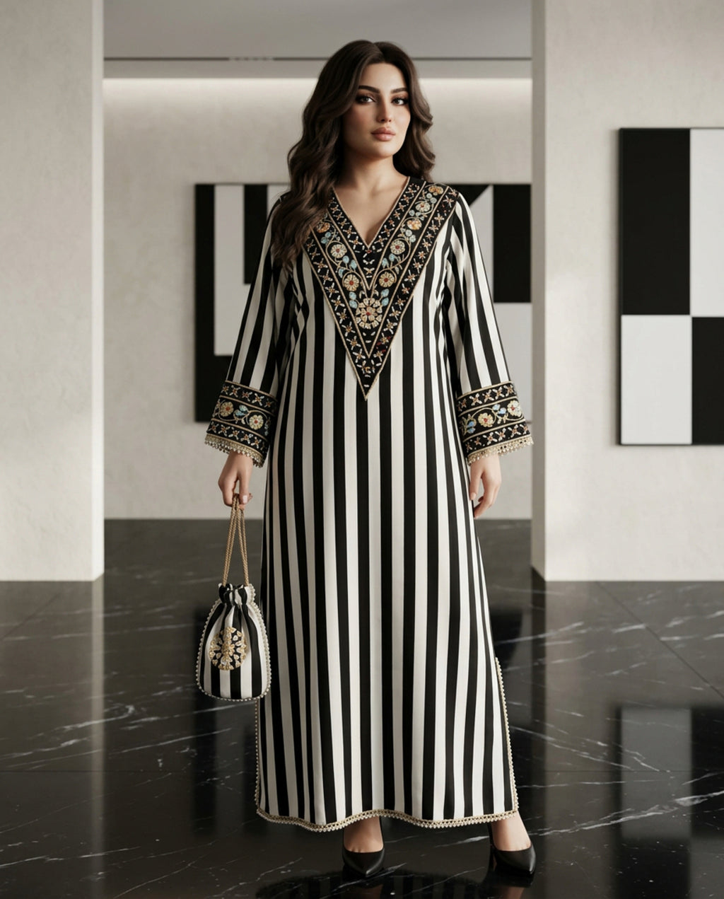 AC-4_STRPE_ES Ivory Noir Striped Kaftan with Embellished Neckline