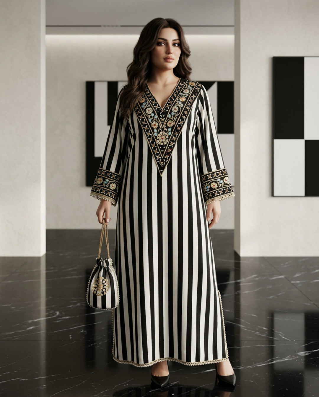 AC-4_STRPE_ES Ivory Noir Striped Kaftan with Embellished Neckline