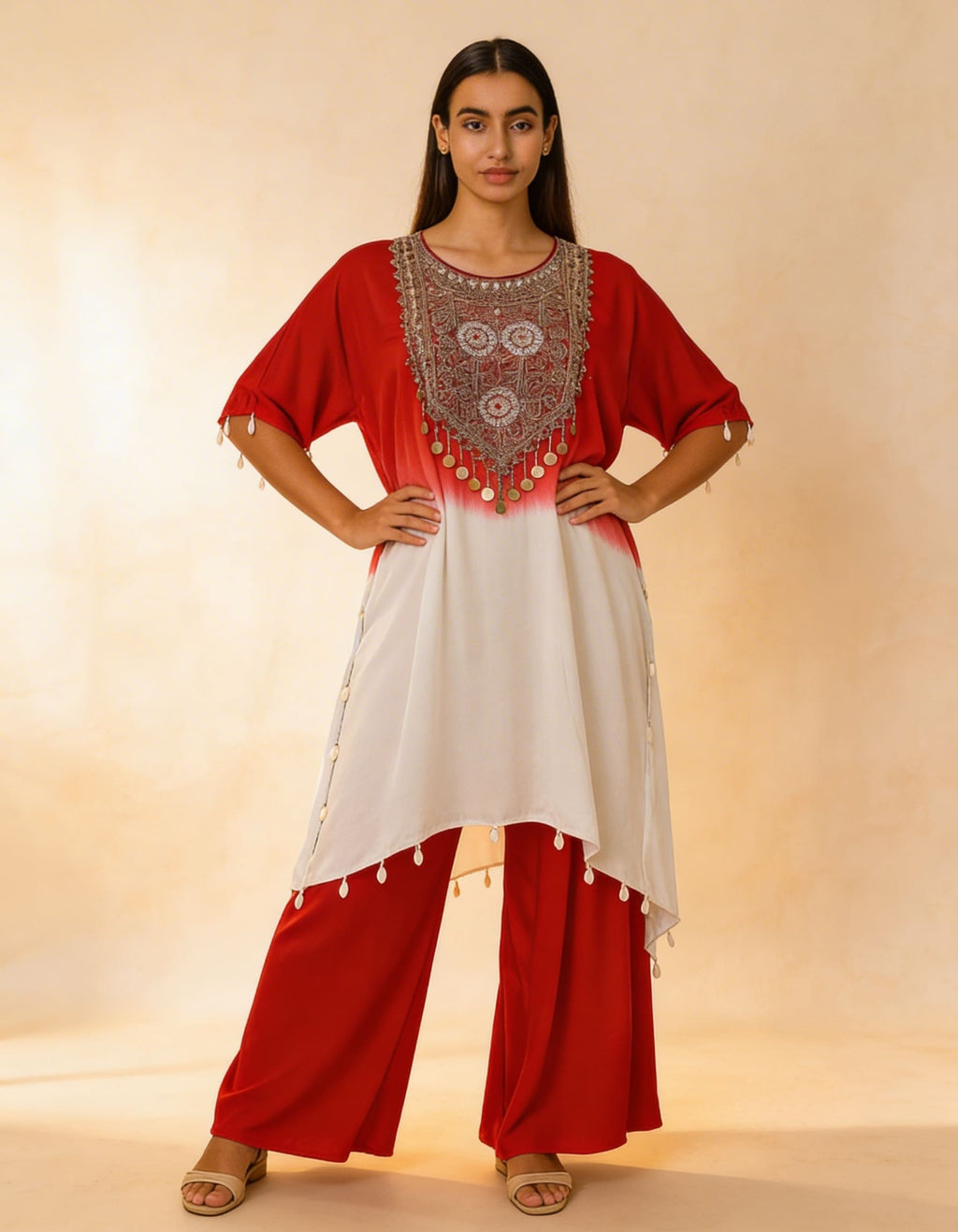 طقم أومبري مطرز يدويًا بلون الغسق القرمزي E11-RED