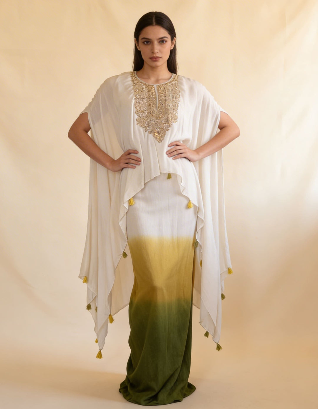 فستان قفطان أومبري مطرز من أواسيس داون E12-أخضر