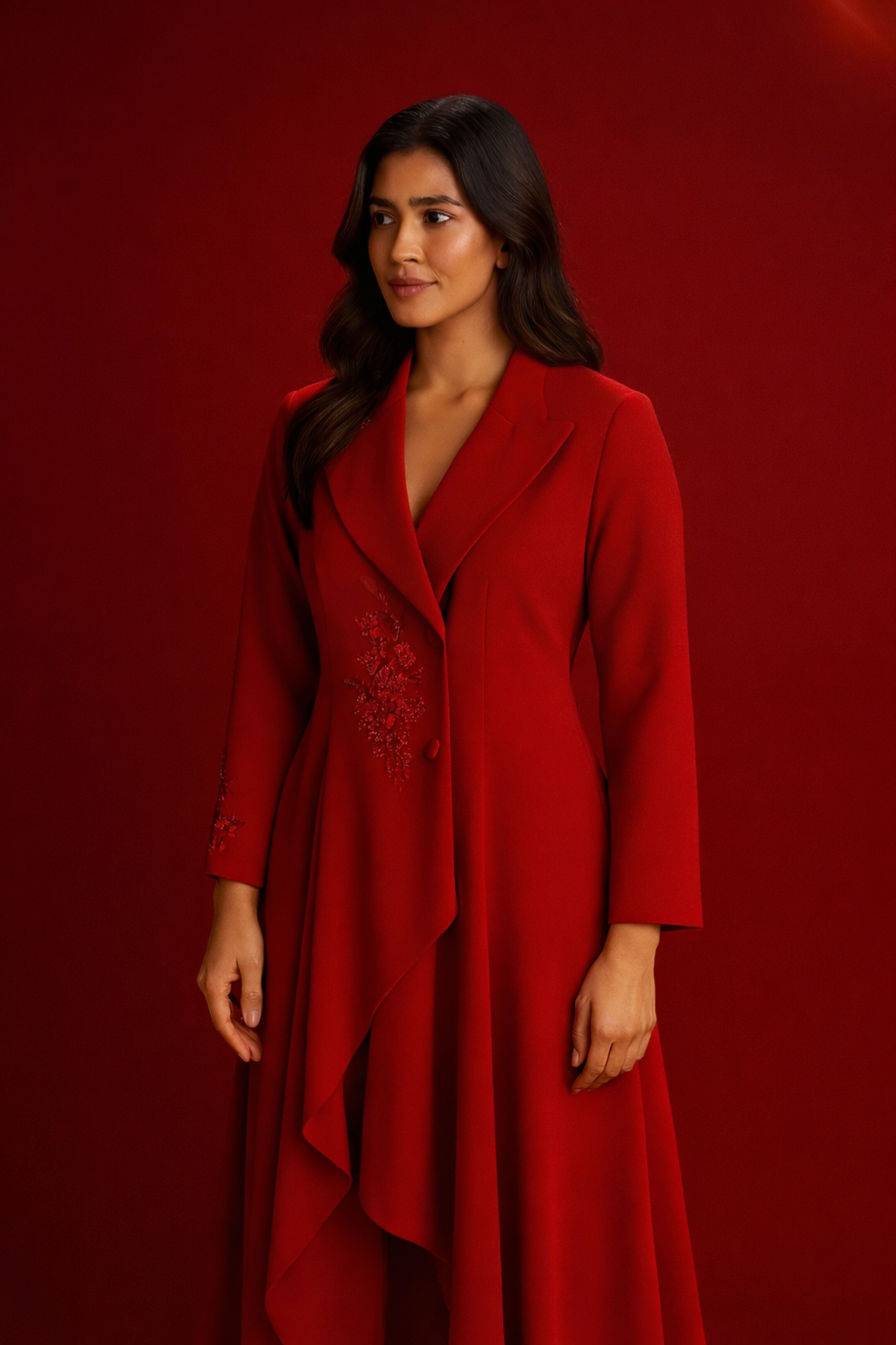 E2-11_RED_ES Scarlet Draped Blazer Dress with Floral Embellishment