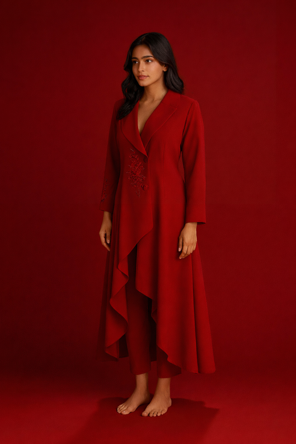 E2-11_RED_ES Scarlet Draped Blazer Dress with Floral Embellishment
