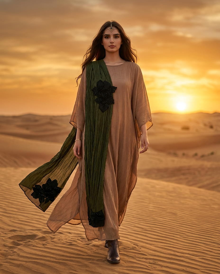 E2-20-BROWN_10 Desert Sand Draped Kaftan with Olive Accent Panel