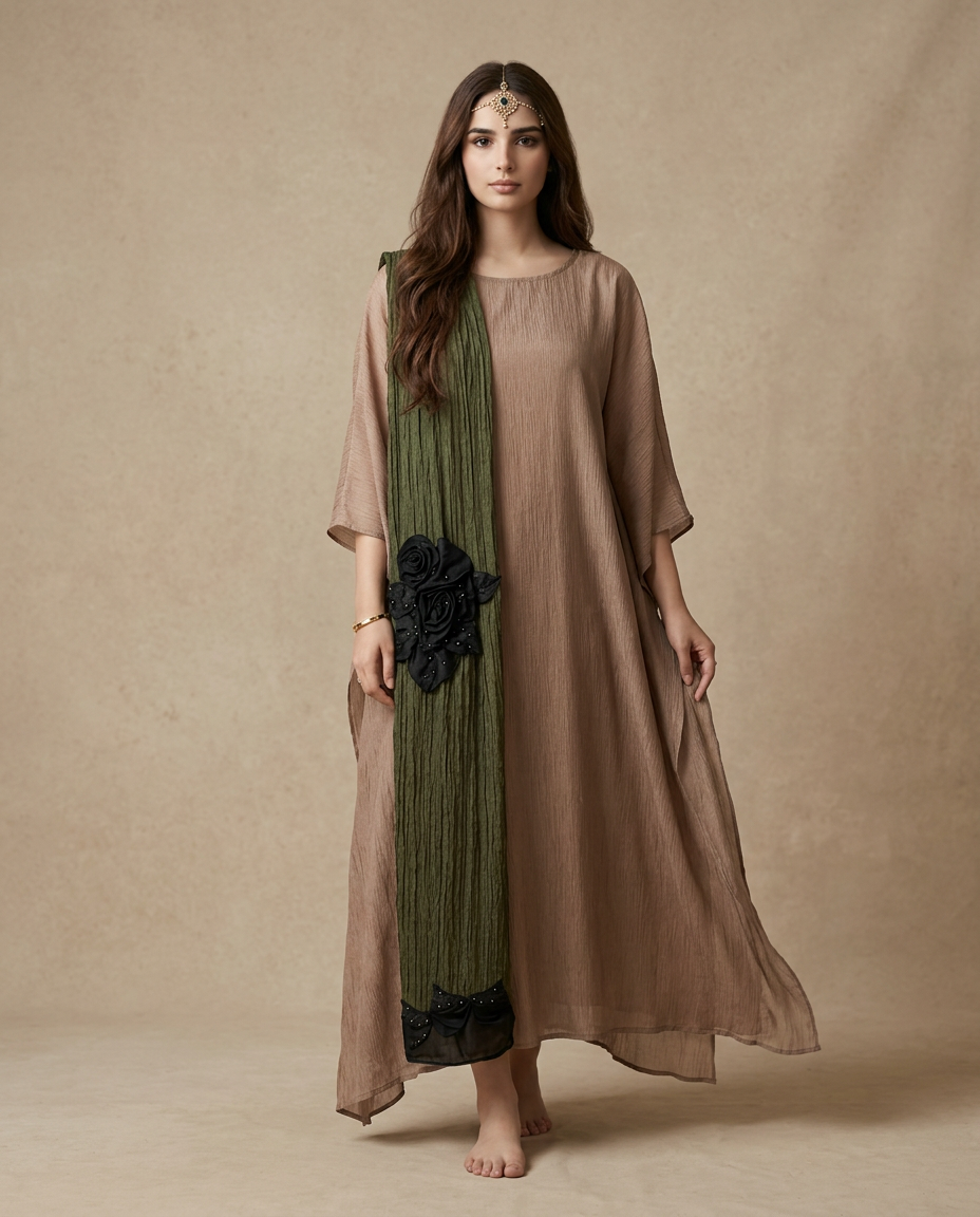 E2-20-BROWN_10 Desert Sand Draped Kaftan with Olive Accent Panel