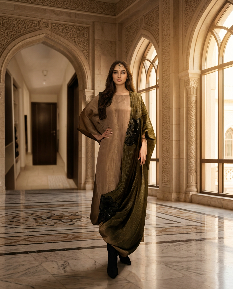 E2-20-BROWN_10 Desert Sand Draped Kaftan with Olive Accent Panel