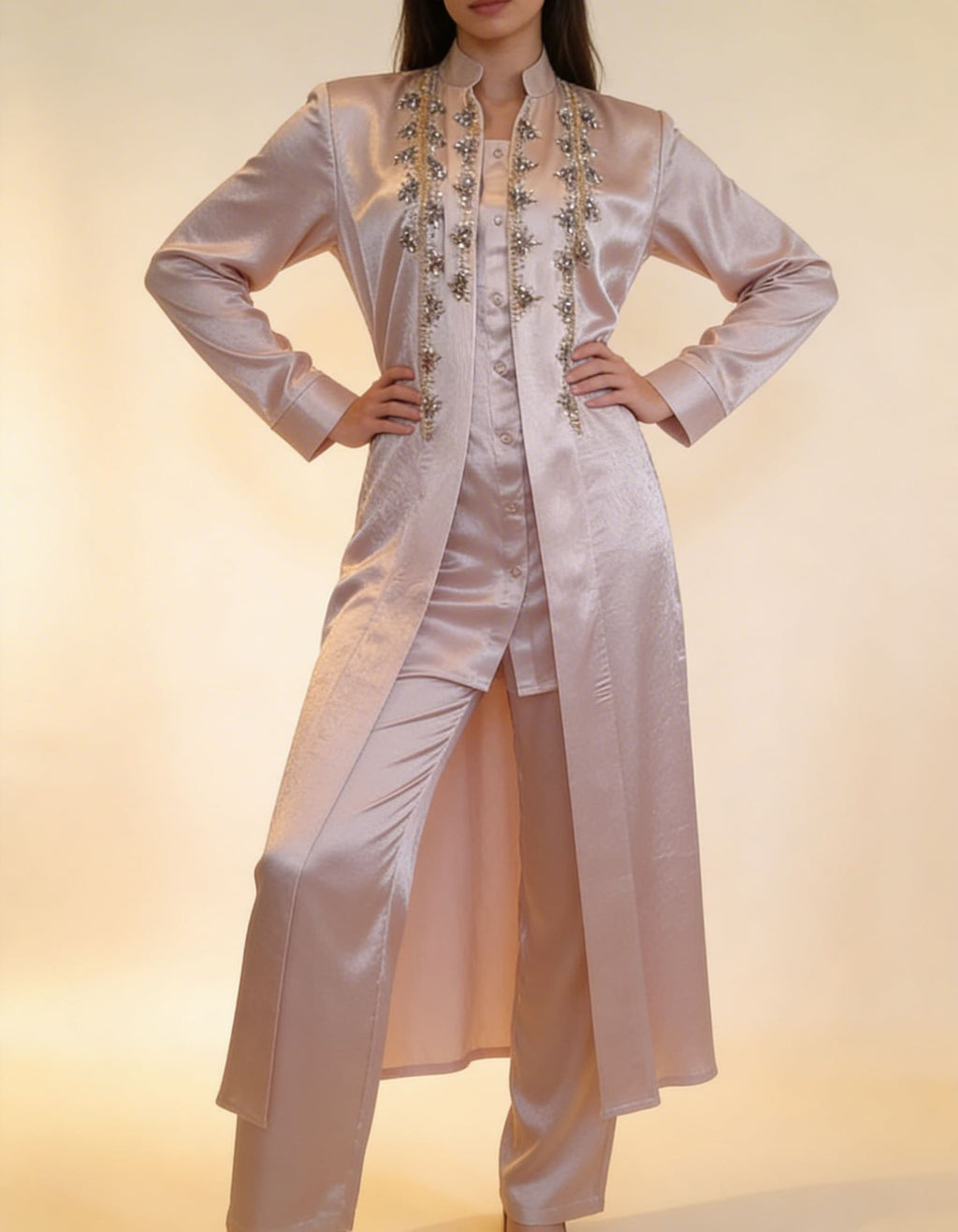 E2-4 – Champagne Satin Embellished Layered Set