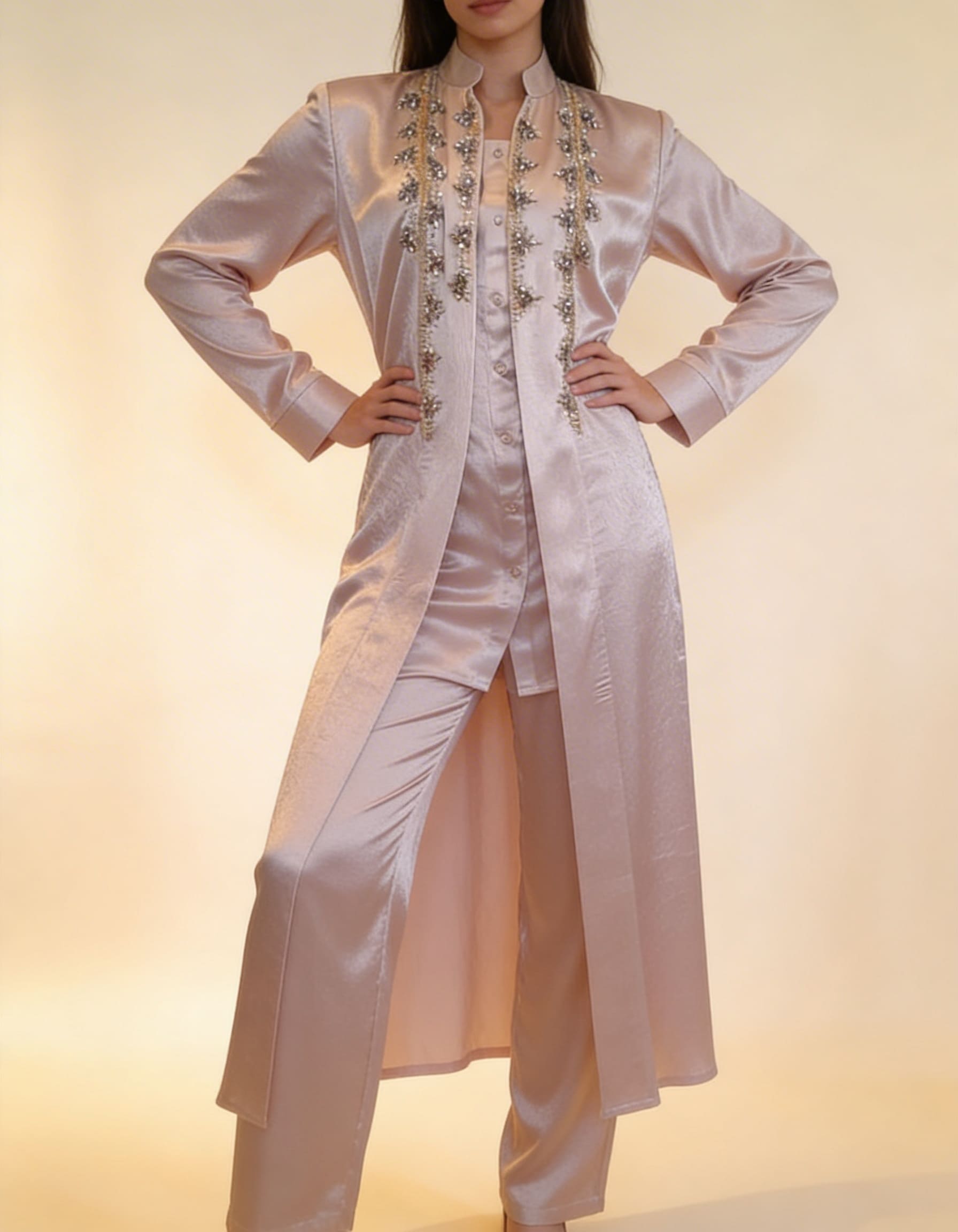 E2-4 – Champagne Satin Embellished Layered Set