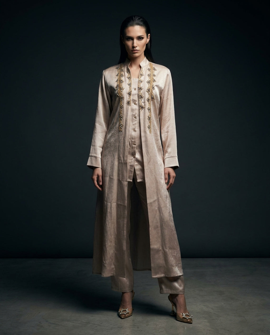 E2-4_BEIGE_ES Champagne Satin Embellished Layered Set