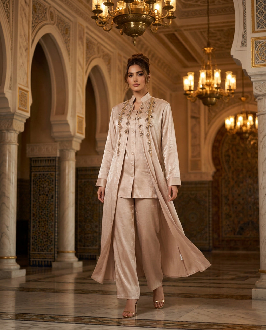 E2-4_BEIGE_ES Champagne Satin Embellished Layered Set