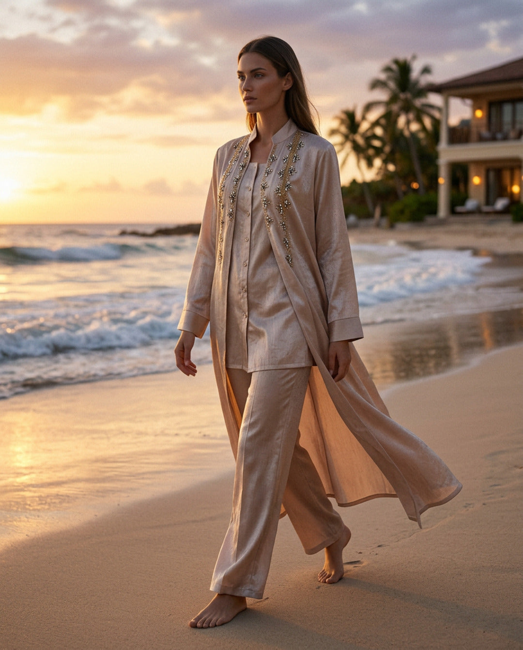 E2-4_BEIGE_ES Champagne Satin Embellished Layered Set