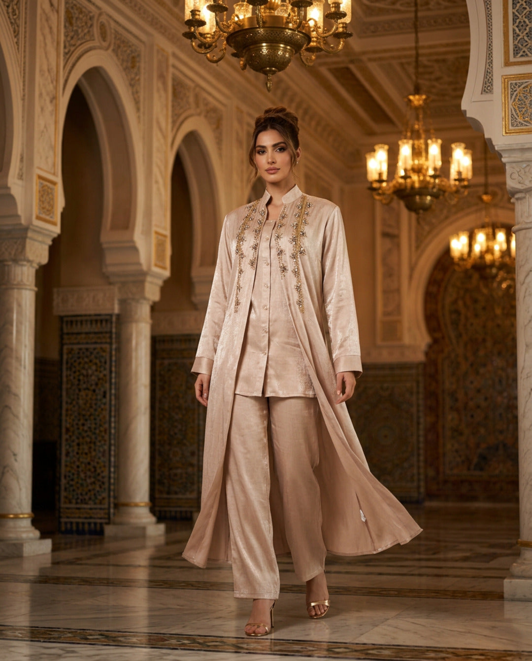 E2-4_BEIGE_ES Champagne Satin Embellished Layered Set