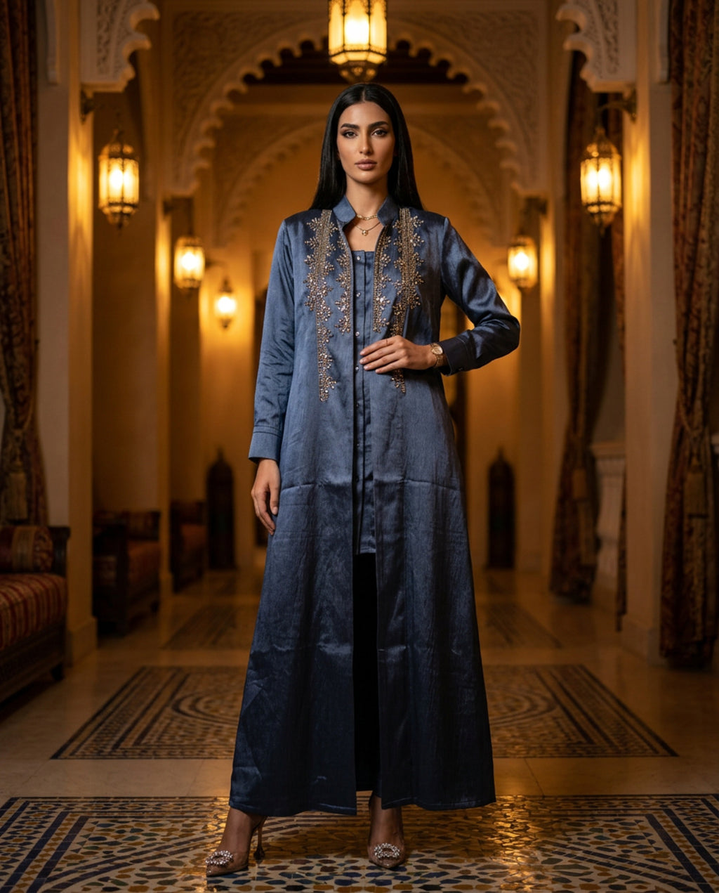 E2-4_BLUE_ES   Ocean Blue Embroidered Kaftan with Regal Detailing