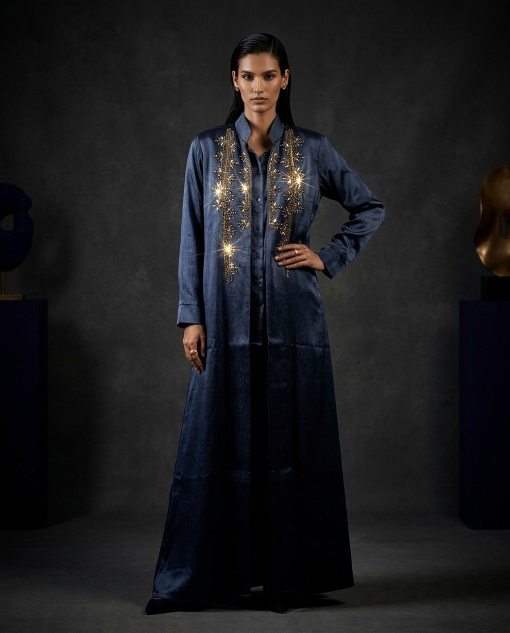 E2-4_BLUE_ES   Ocean Blue Embroidered Kaftan with Regal Detailing