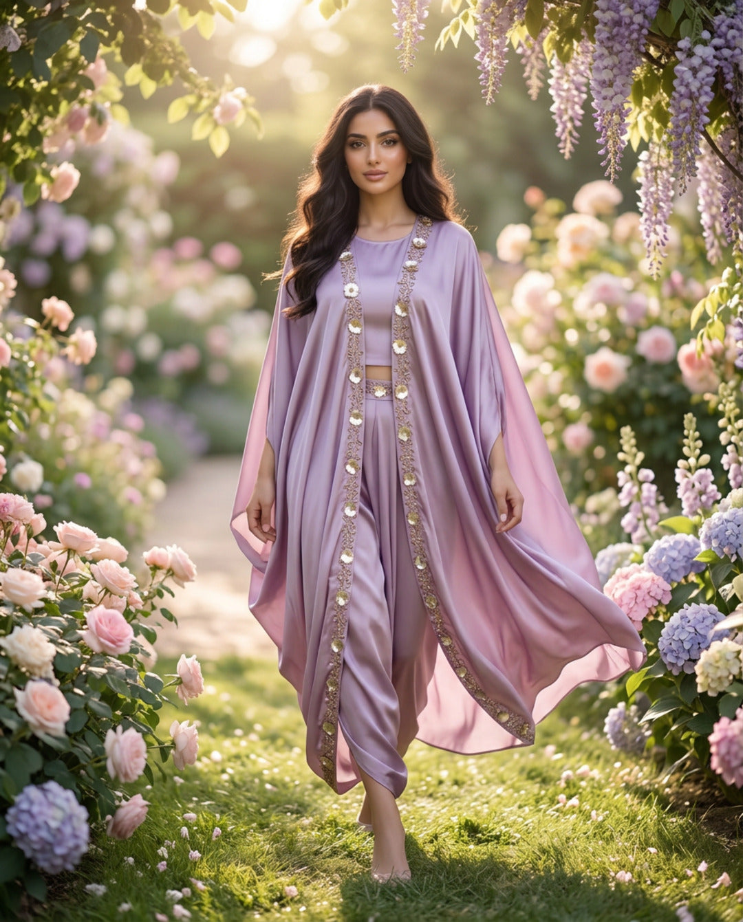 E2-5_PINK_ES  Lavender Rose Flowing Kaftan with Gold Button Detailing