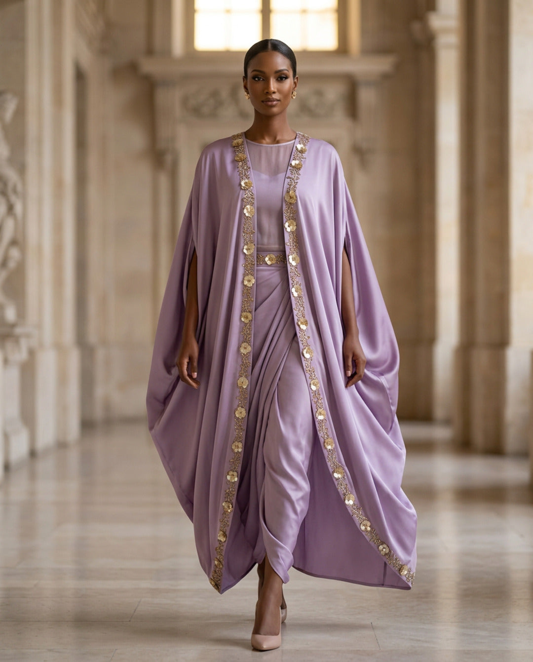 E2-5_PINK_ES  Lavender Rose Flowing Kaftan with Gold Button Detailing