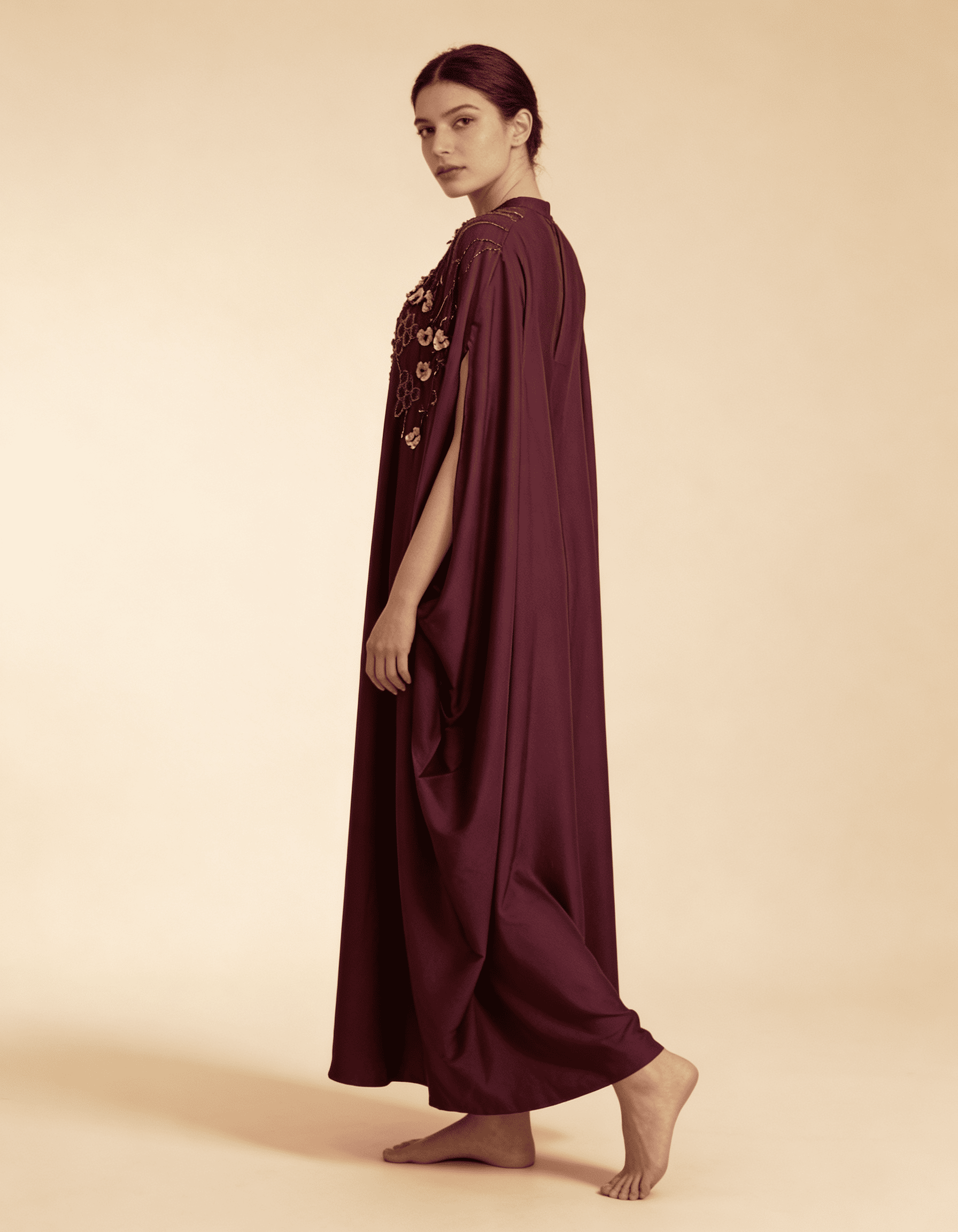 E2-6 – Deep Burgundy Embellished Cape Ensemble