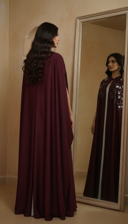 E2-6 – Deep Burgundy Embellished Cape Ensemble