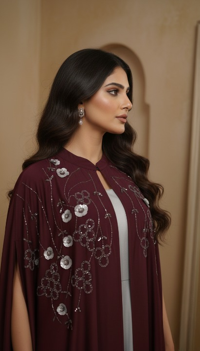 E2-6 – Deep Burgundy Embellished Cape Ensemble